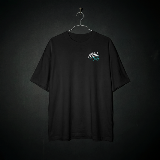 Smiley 1.0 Tee front – white and teal NYSL 24/7 left chest logo on black