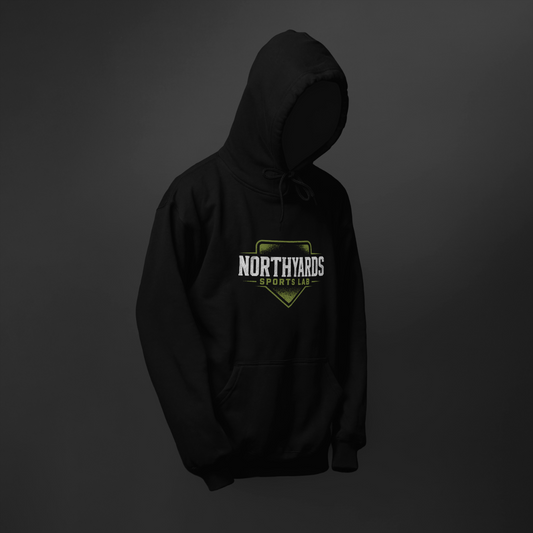 Black Northyards Classic Logo pullover hoodie with white and green Sports Lab badge centred on the chest and a kangaroo pocket