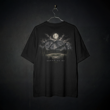 Home Field Tee back – Squamish Chief above a forest-lined baseball diamond, with a baseball moon and Squamish BC lettering