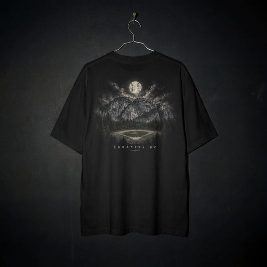 Home Field Tee back – Squamish Chief above a forest-lined baseball diamond, with a baseball moon and Squamish BC lettering
